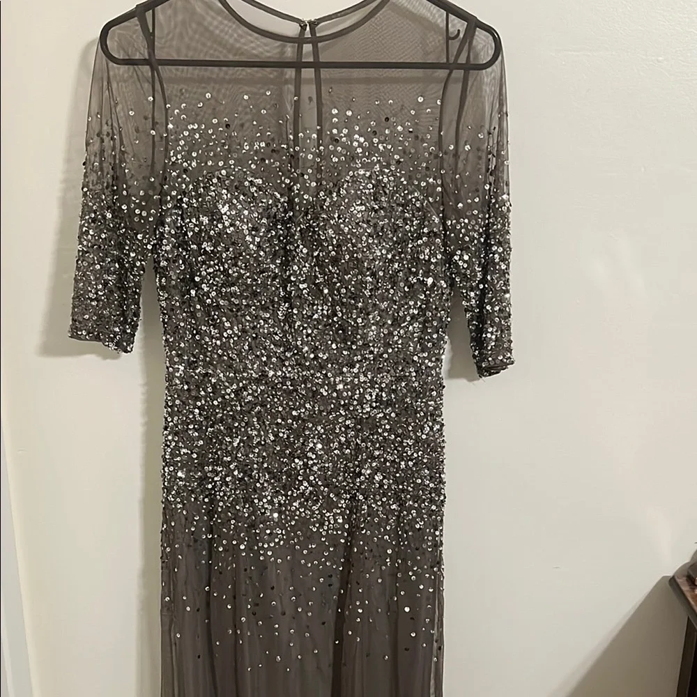 Adrianna Papell Silver Sequin Long Sleeve Mesh Dress - Picture 1 of 8